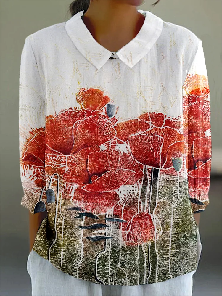 Womens Elegant Poppy Flower Casual Cotton And Linen Top