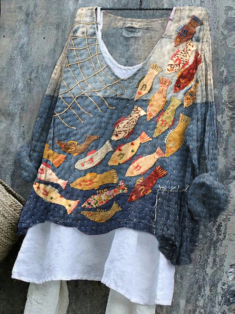 Women's Vintage Patchwork Fish Pattern Linen Blend Shirt