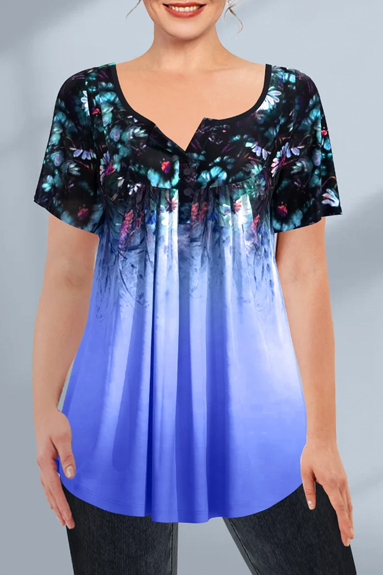 Plus Size Short Sleeve Floral Print Button Detail T Shirt (US shipping only) FlyCurvy Flycurvy [product_label]
