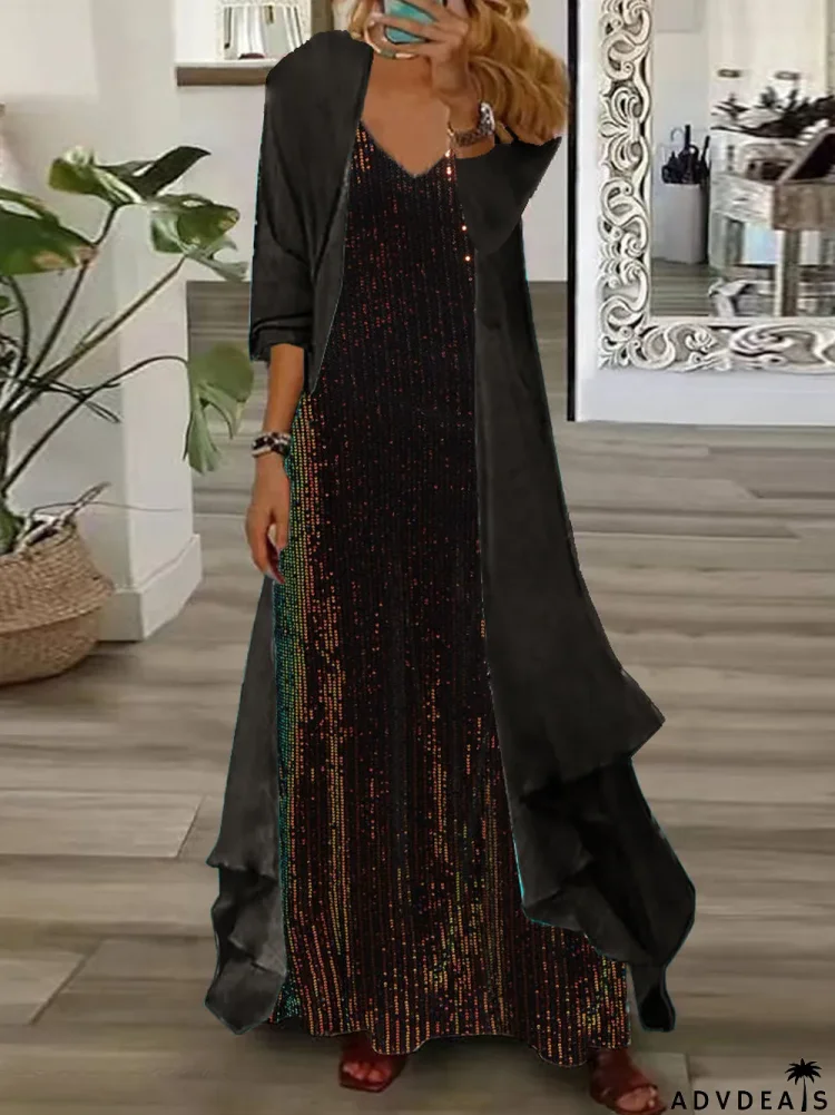 Women's Long Sleeve V-neck Graphic Printed Two Pieces Maxi Dress