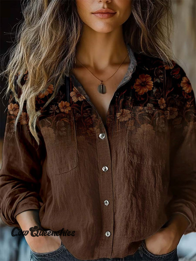 Women&rsquo;s Brown Flower Print Casual Long Sleeve Comfortable Cotton Shirt Multicolor / S