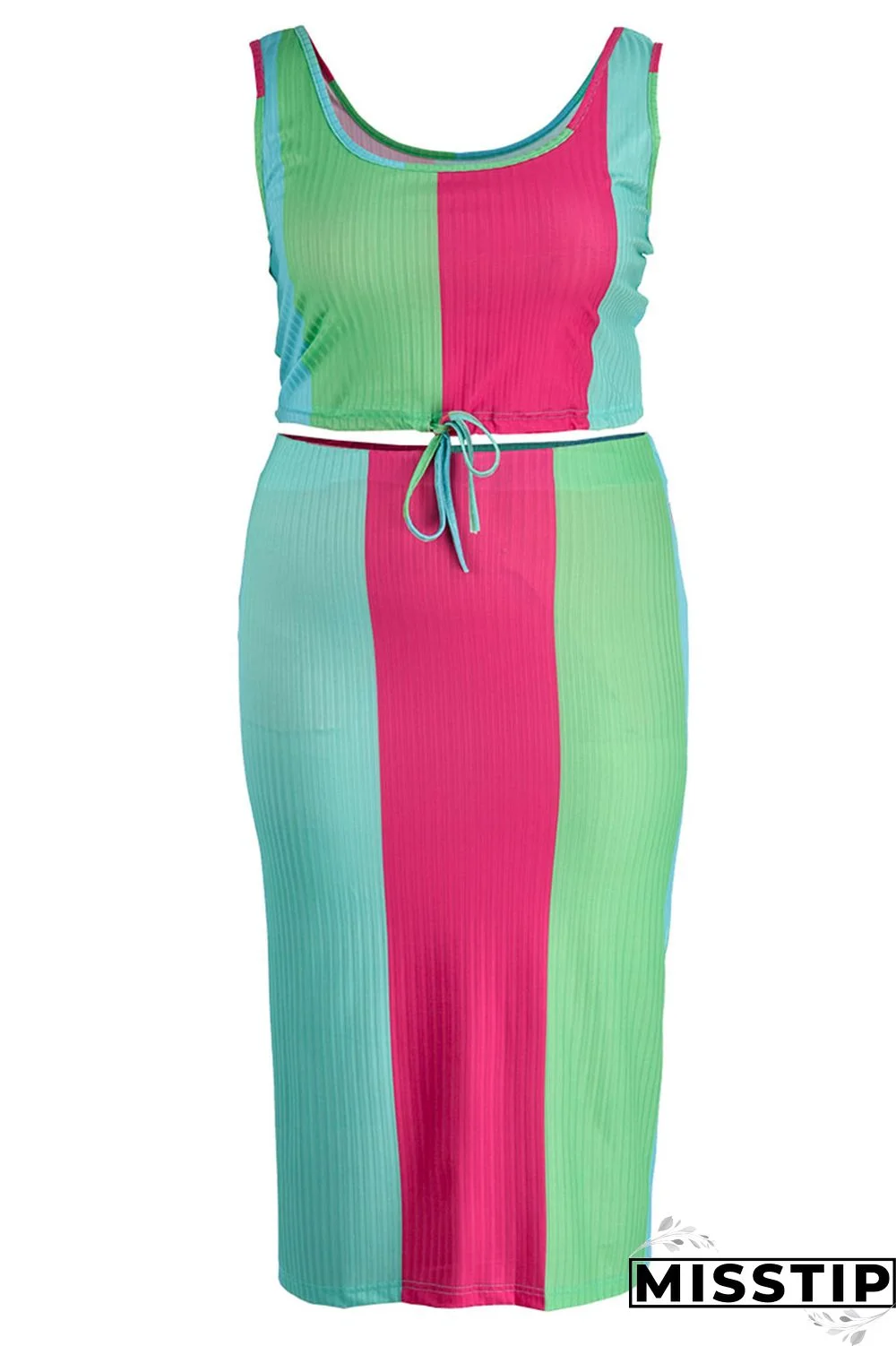 Fluorescent Green Casual Print Patchwork U Neck Plus Size Two Pieces