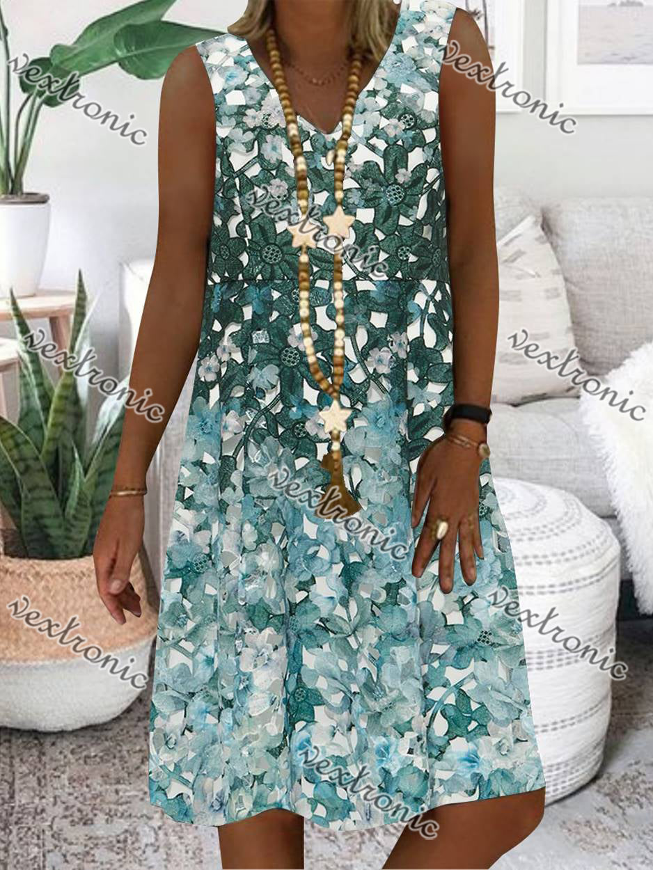 Women's Sleeveless V-neck Floral Printed Midi Dress Shift Dress