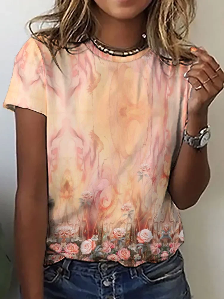 Printed Short Sleeve Casual T-shirt for  Women and Men Unisex Pattern Floral, Orange