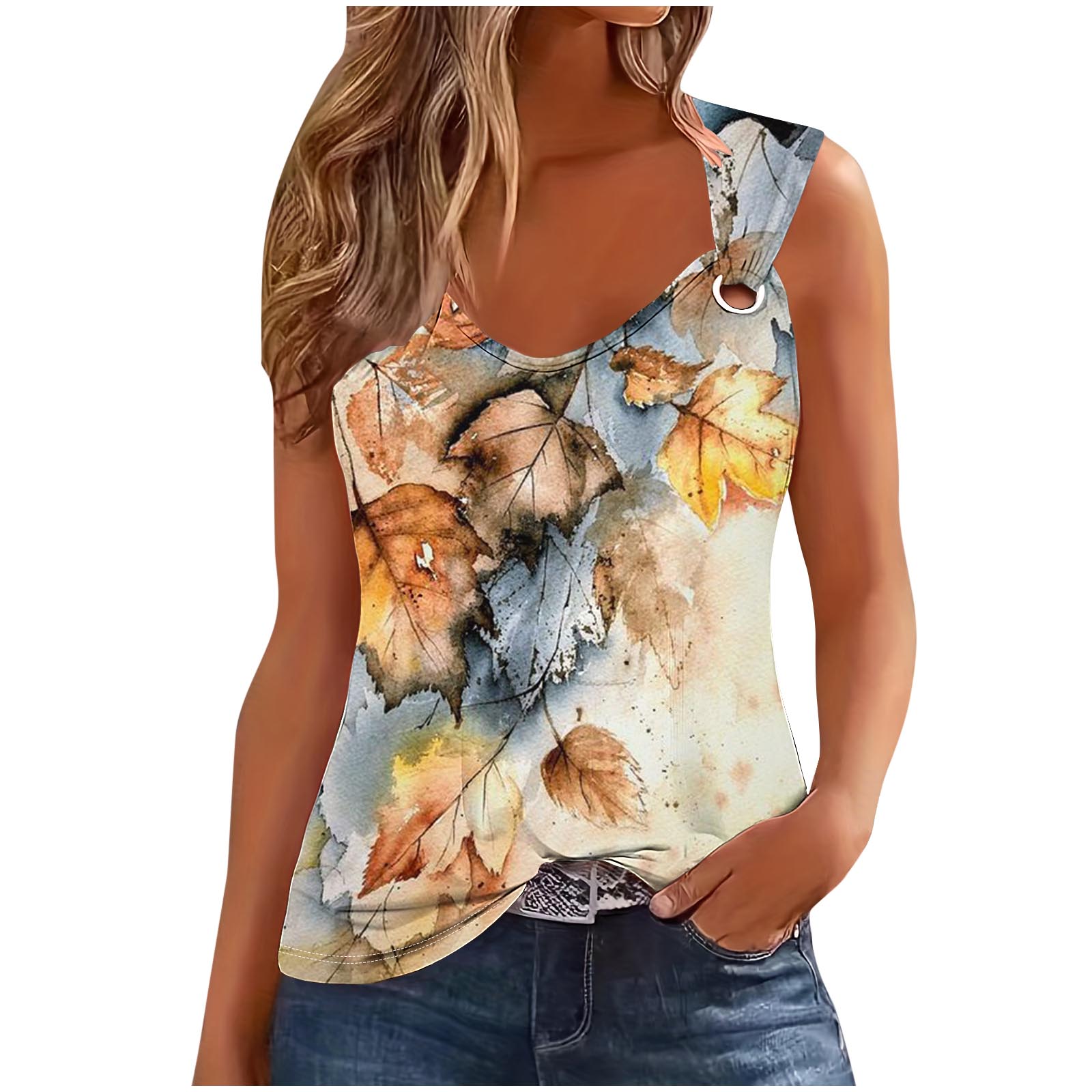 Luxylanellc Fashionable Women's T-shirt Plant Floral Print Summer Metal Buckle Sleeveless Hollou Out V-neck Vintage Tee TShirt Women Tops
