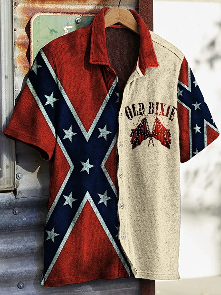 Men's Old Dixie Rebel Flag Patchwork Short Sleeve Shirt