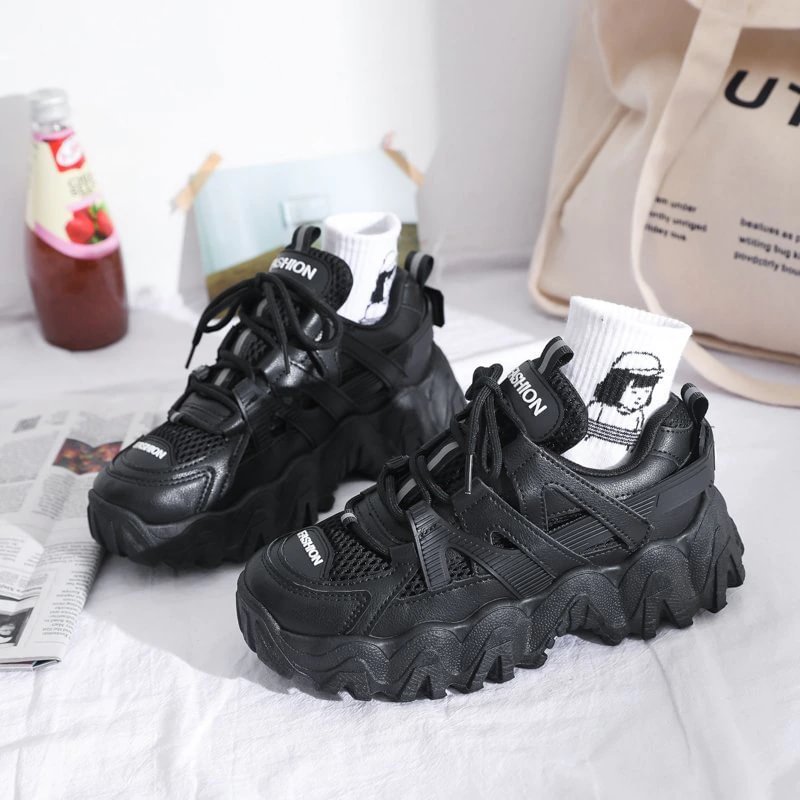 Yyvonne Women Sneakers White Black Casual Woman Spring Lace-up Thick Sole Tennis Chunky Basketball Shoes Autumn Female 2022 New
