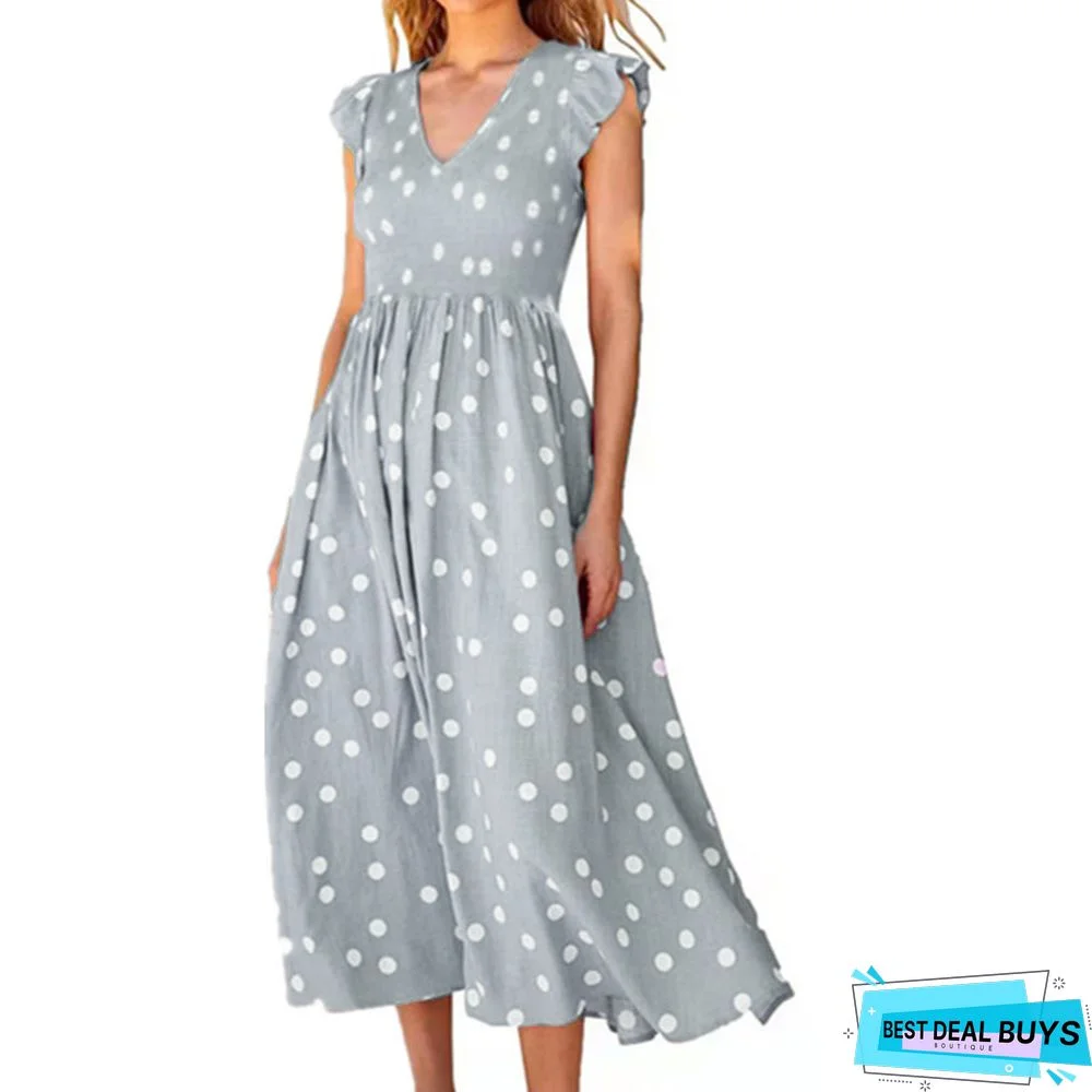 Women's V-Neck Waist, Large Skirt and Polka Dot Print Dress