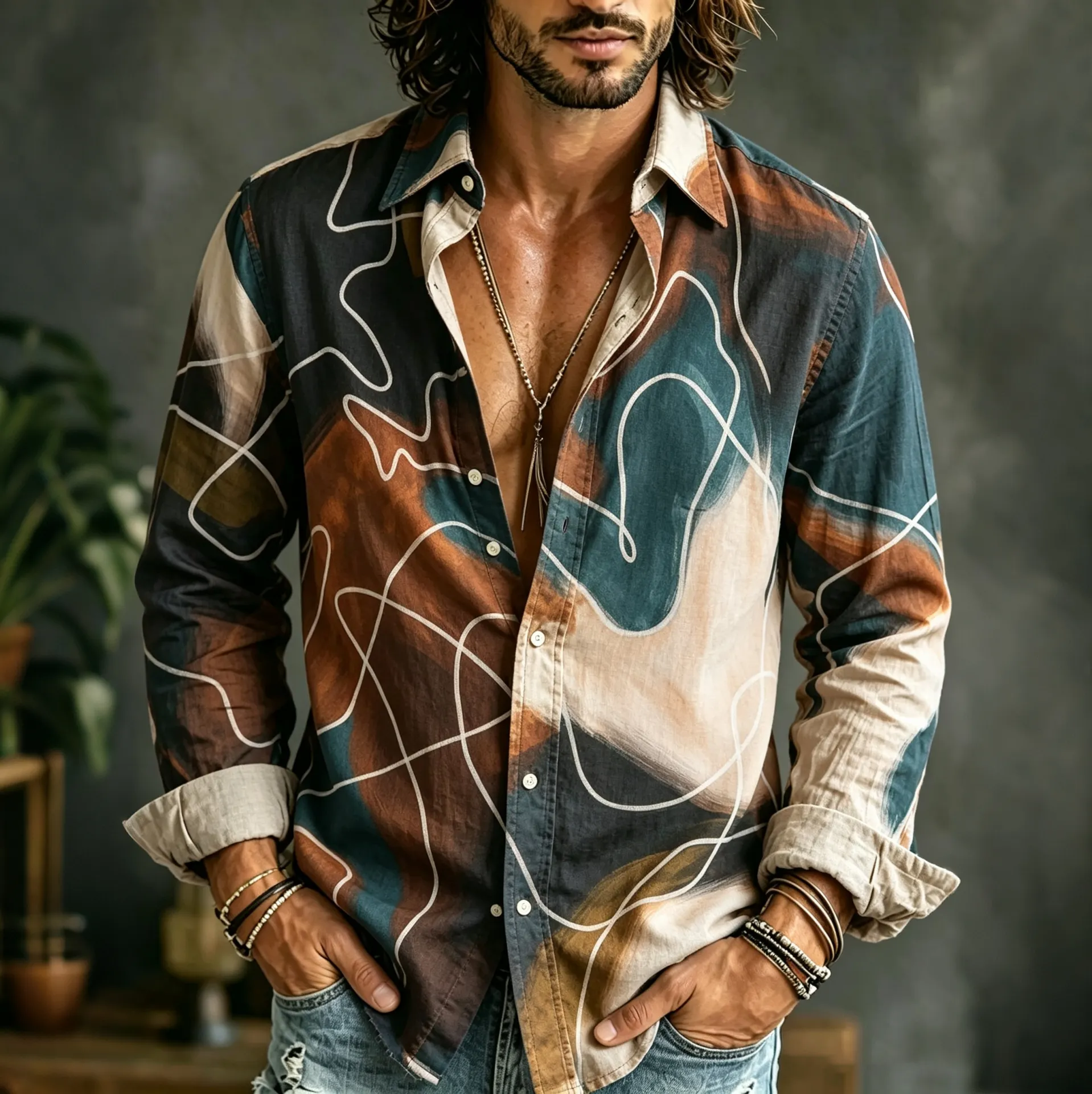Men's Abstract Swirl Art Print Flowy Linen Blend Casual Shirt  artssus