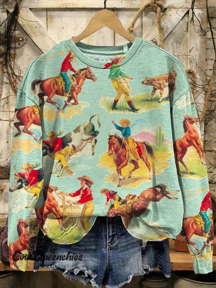Vintage Western Art Print Casual Sweatshirt Multicolor / S