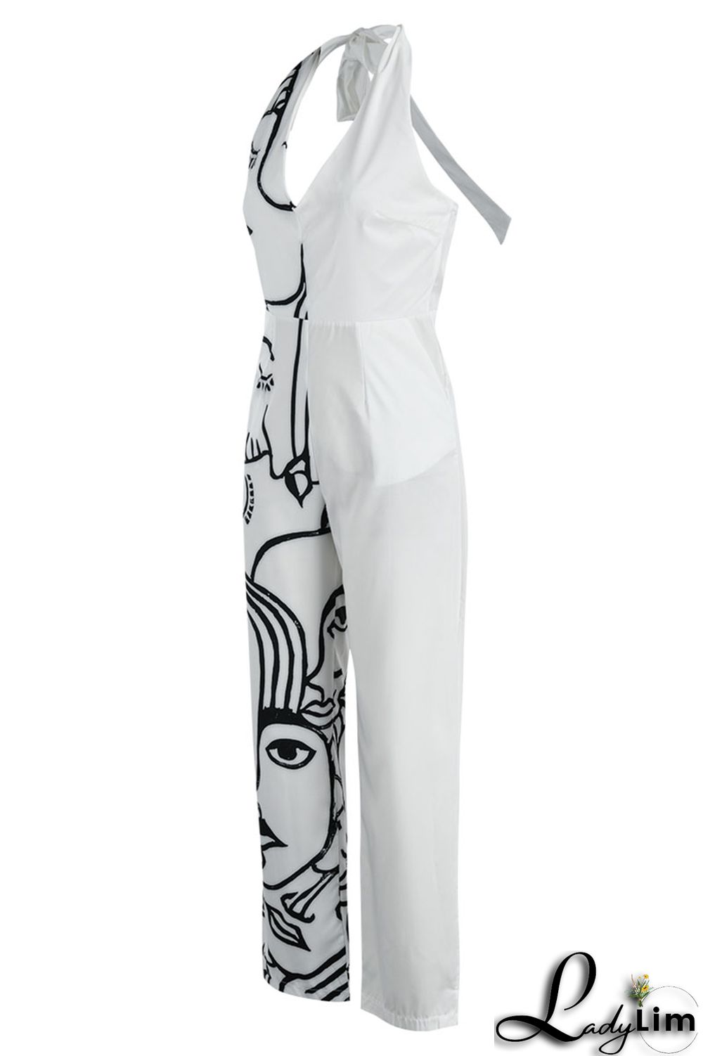 Black Casual Print Bandage Patchwork Backless Straight Jumpsuits