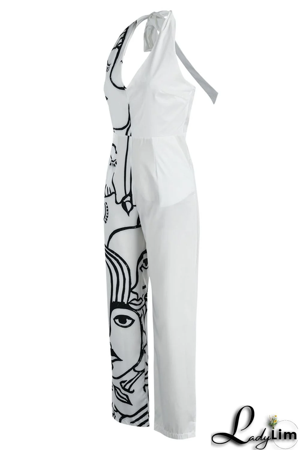 Black Casual Print Bandage Patchwork Backless Straight Jumpsuits