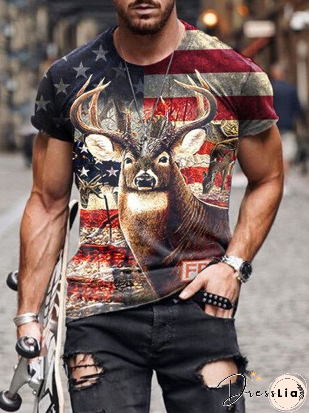 Flag 3D Printed Crew Neck Short Sleeve Street Trend