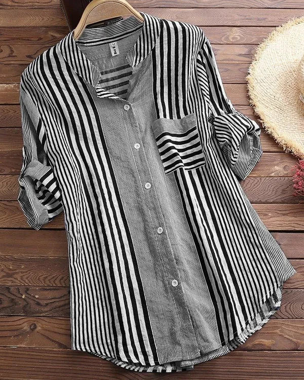 Black Stand Collar Stripe Casual 3/4 Sleeve Printed Shirts