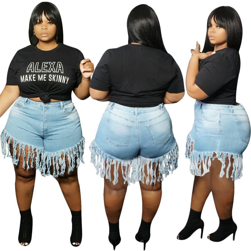 Fashion Sexy Sheath Tassel Fat Denim Straight Shorts Jeans
