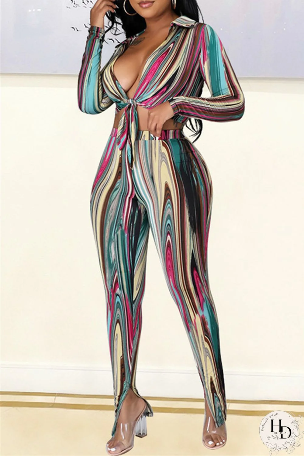 Rose Red Blue Sexy Casual Print Bandage Turndown Collar Long Sleeve Two Pieces