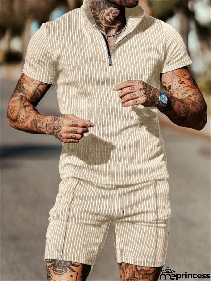 Men's Vertical Stripe Short Sleeve Pullover Loose Sets for Holiday