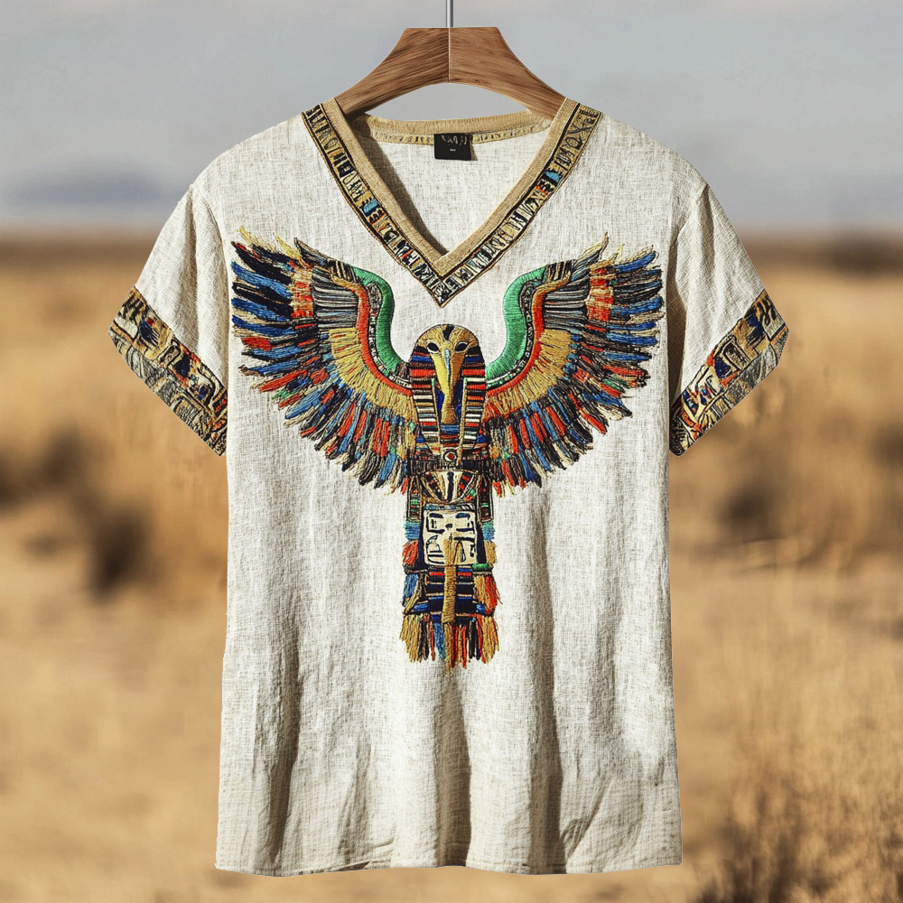 Egyptian Eagle Head Ra Art Men's Vintage Linen V-neck T-shirt