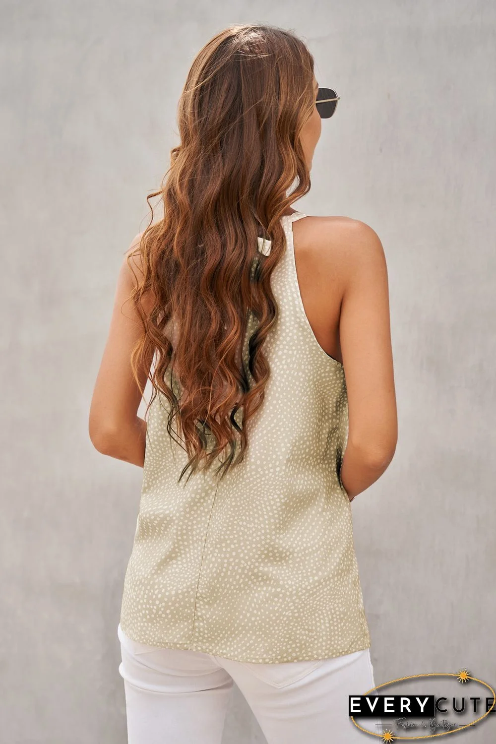 Khaki Dotted Print Tank with Slit