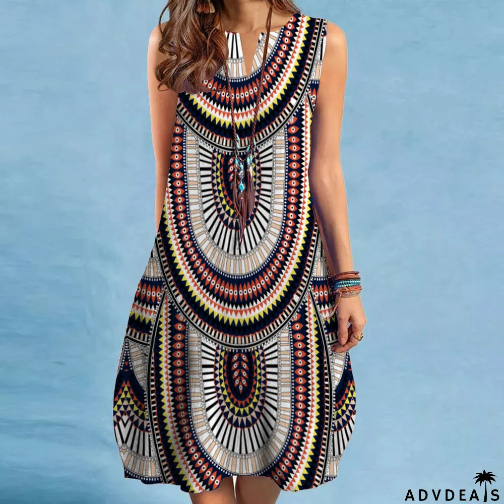 Fashion Vintage Print V Neck Multicolor Sexy Sleeveless Casual Dress