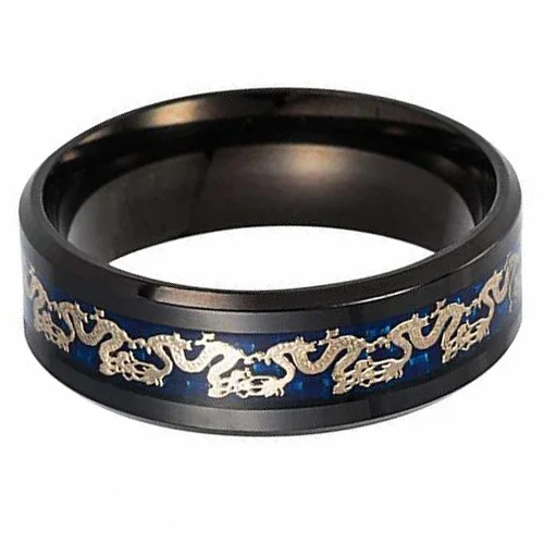 6MM 8MM Women's Or Men's Tungsten Carbide Wedding Matching Rings Black with Gold Celtic Dragon Over Blue Carbon Fiber inlay