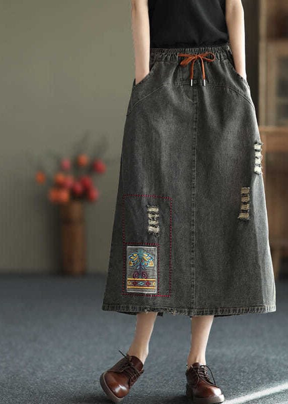 Fashion Black Side Open Embroideried Pockets Cotton Denim Ripped Skirt Cozy