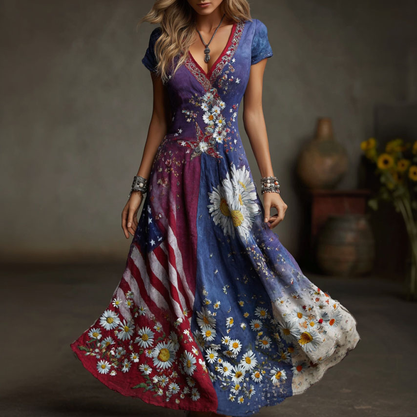  Women's Retro Floral Flag Print Cotton Linen V-neck Long Dress Westsshops