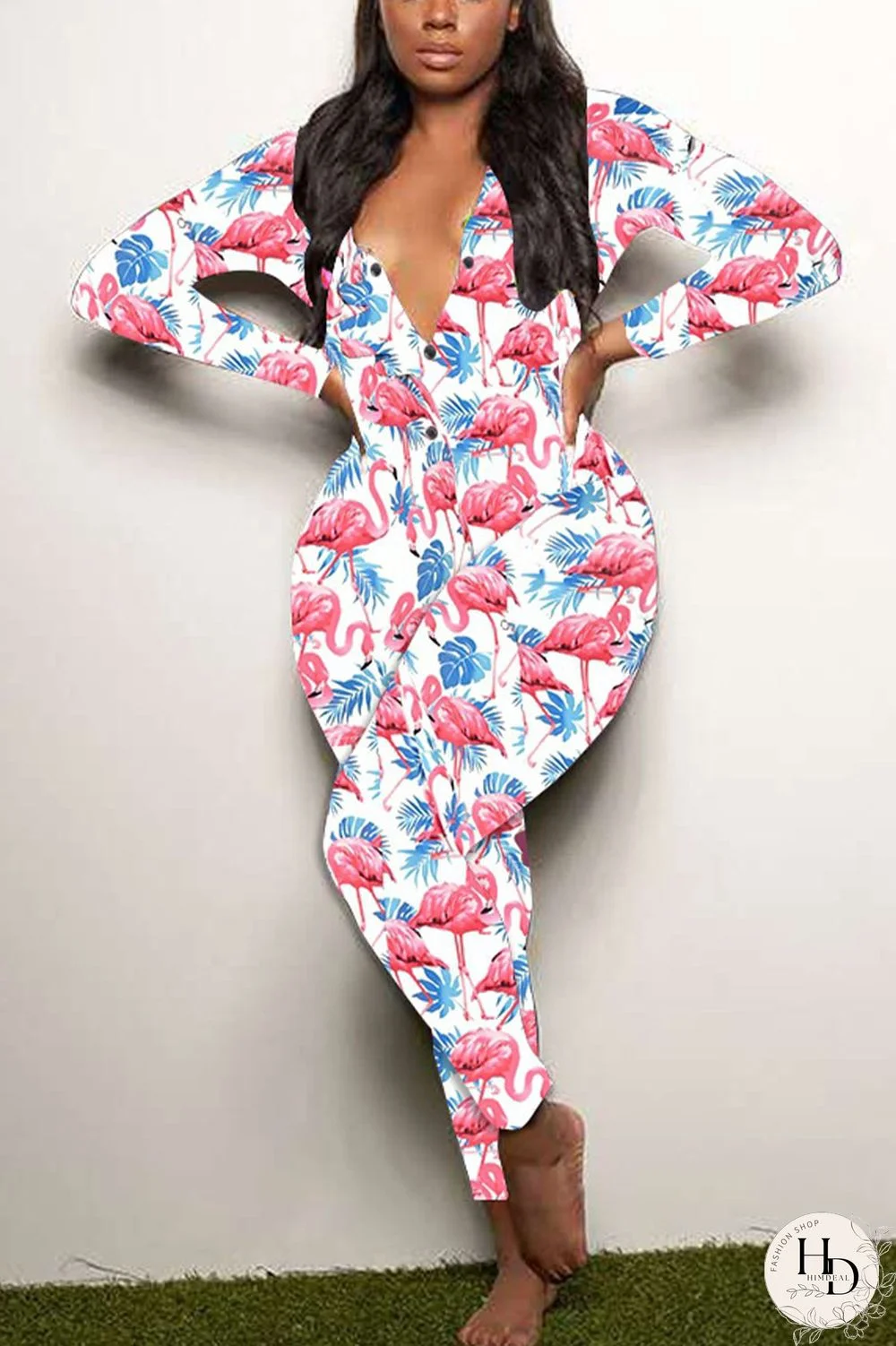 Blue Red Living Print V Neck Skinny Jumpsuits
