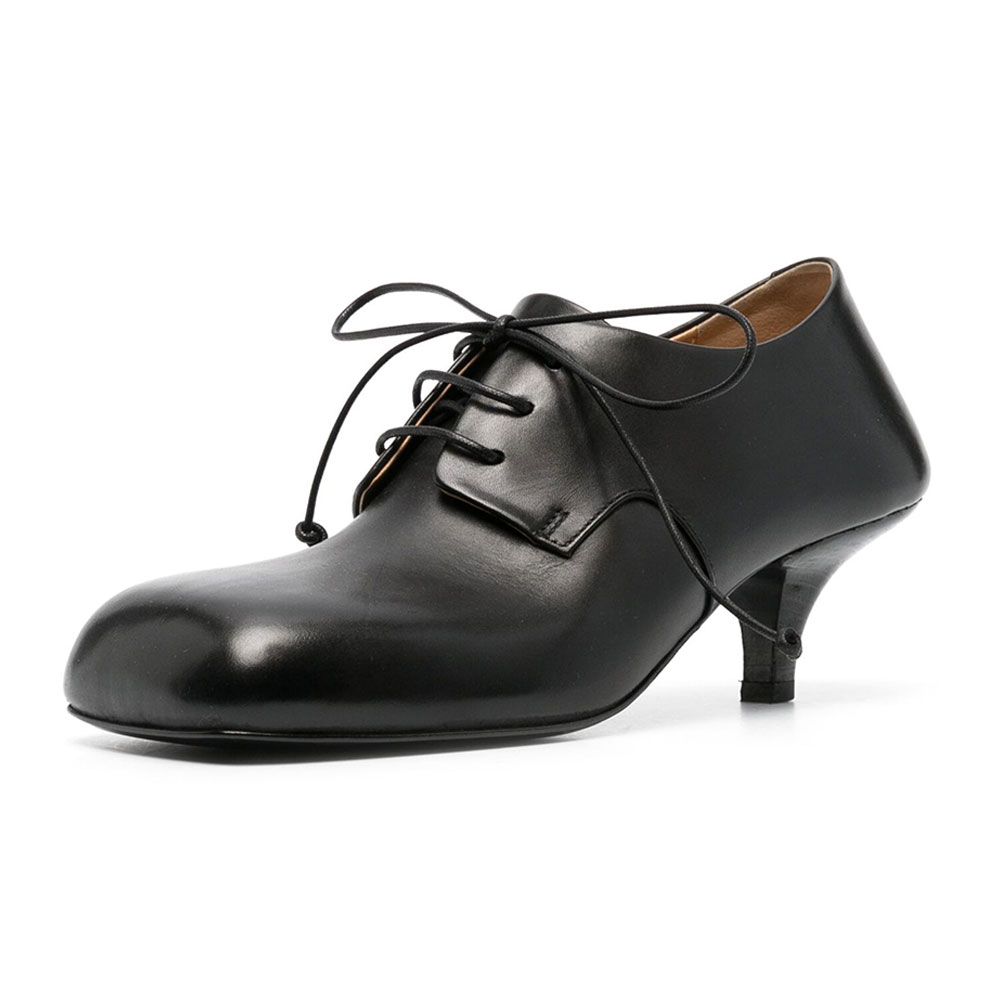 Black Vegan Leather Square Toe Kitten Heel Womens Oxfords with Lace-Up Nicepairs