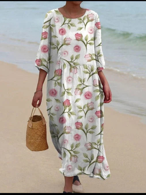 Women's 3/4 Sleeve Scoop Neck Graphic Printed Midi Dress