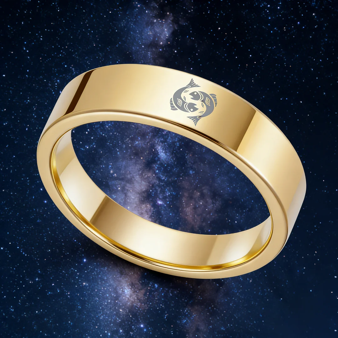 Pisces Tungsten Carbide Ring Gold Flat Wedding Bands Comfort Fit Mens and Womens 4MM 6MM 8MM