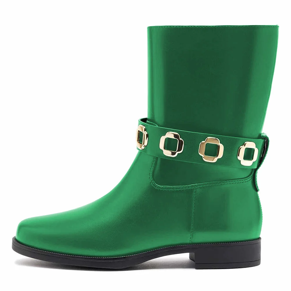 Green Vegan Leather Hardware Decor Round Toe Women's Flat Boots