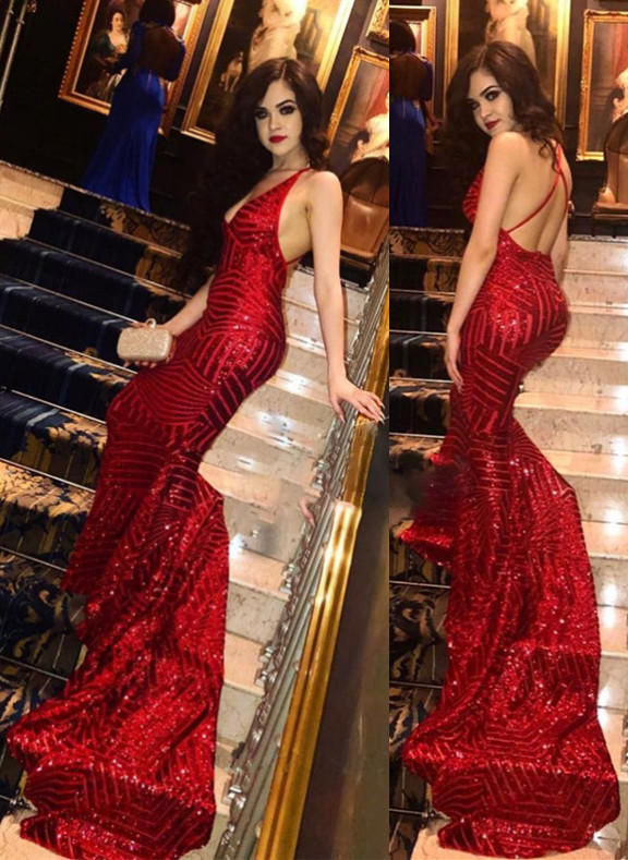 Bellasprom Red Seuqins Evening Gown Mermaid Sleeveless V-Neck Bellasprom