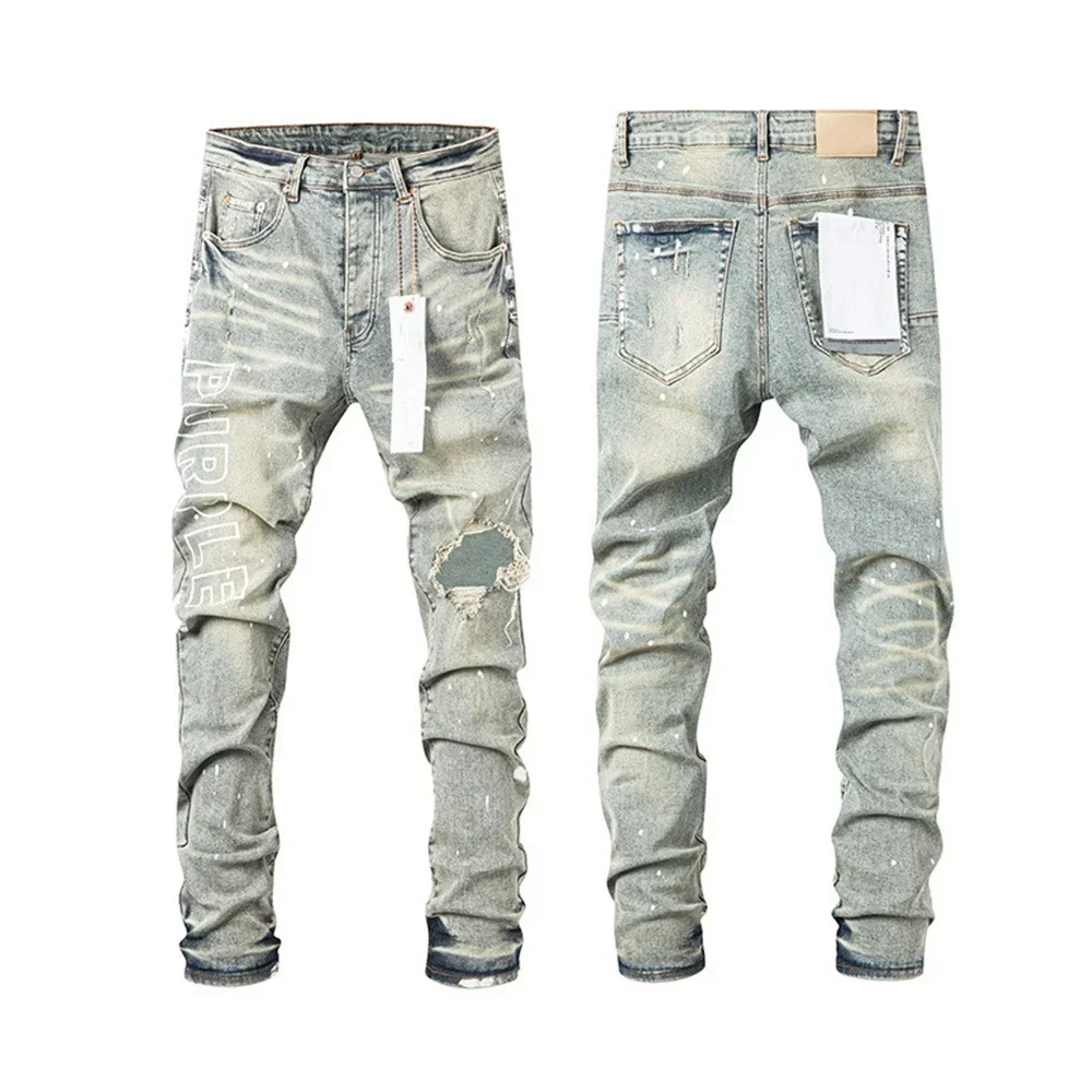 Wimaskel New Purples jeans American high street Retro wash hole patch trend straight Stylish low raise Elastic Skinny jeans brand pants