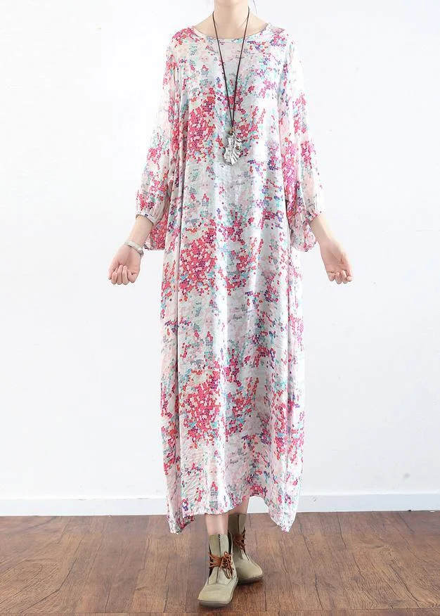 French Pink Flower O Neck Sisal Holiday Dress Summer