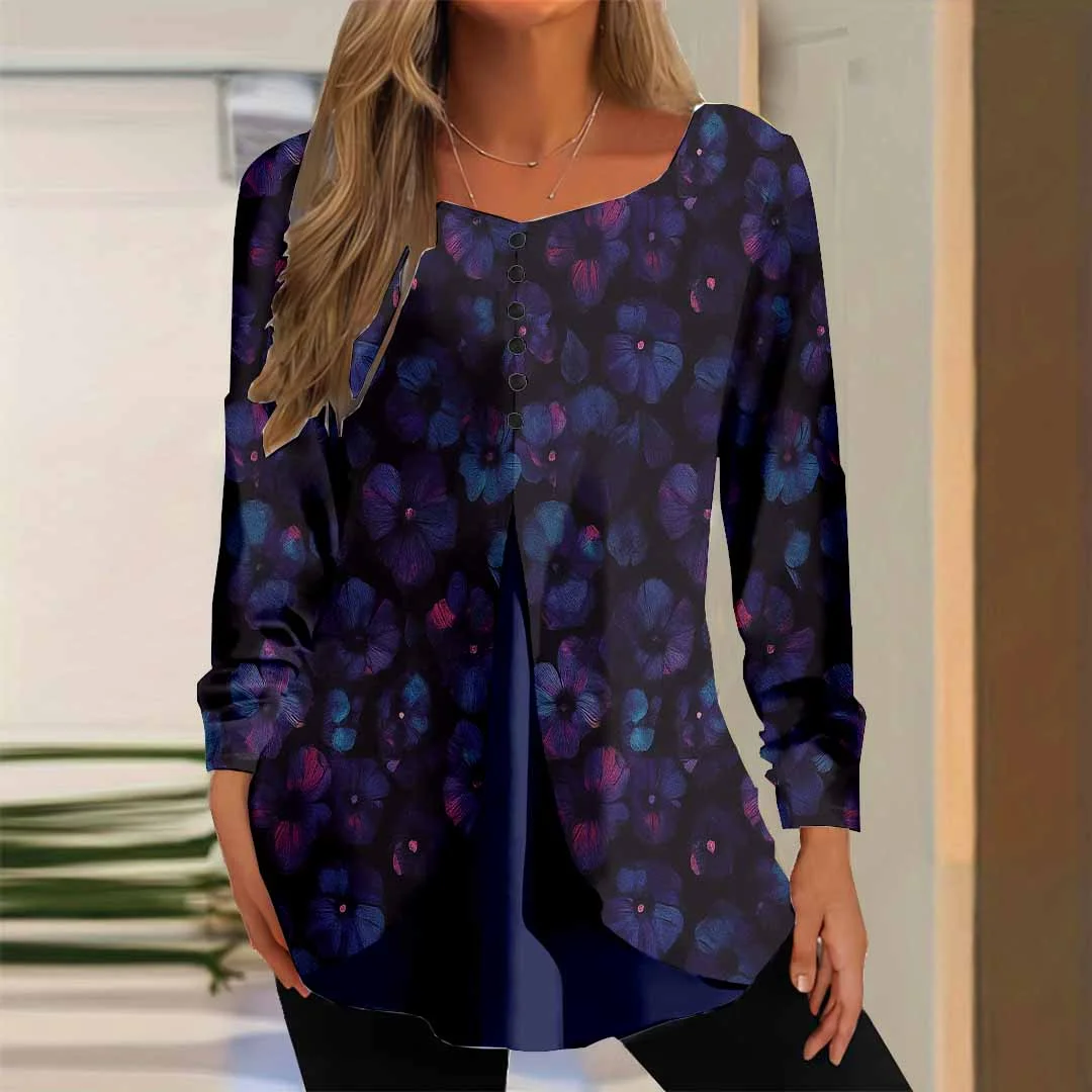 Women Floral,Blue DZGG8290 Long Sleeve Scoop Neck Printed Graphic Button Fake 2in1 Tops