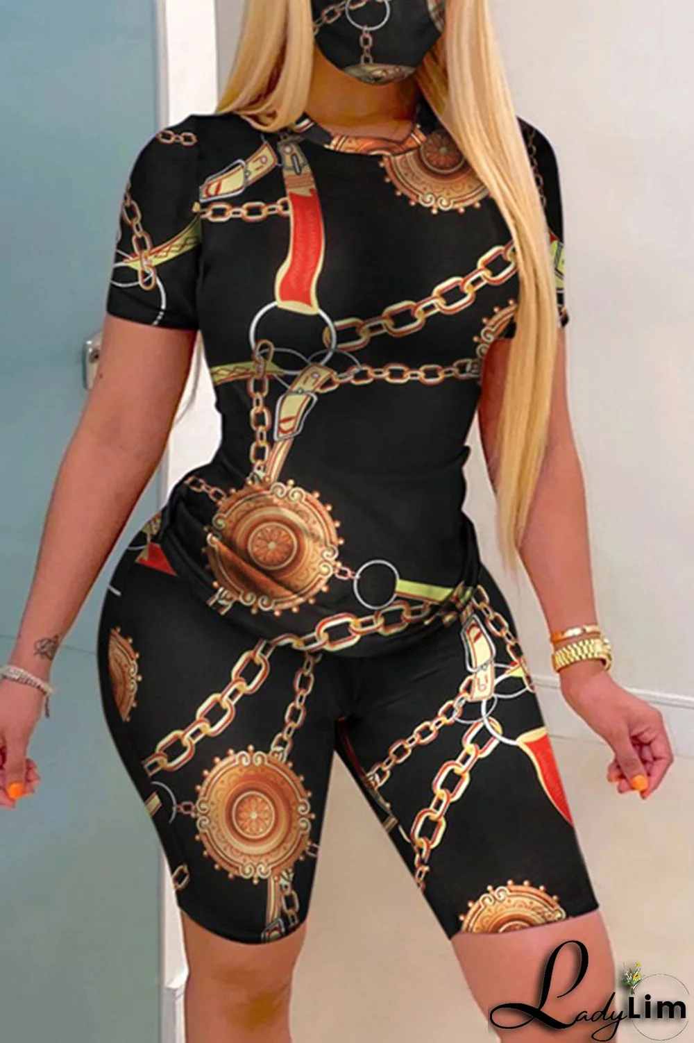 Burgundy Fashion Casual Print Basic O Neck Short Sleeve Two Pieces