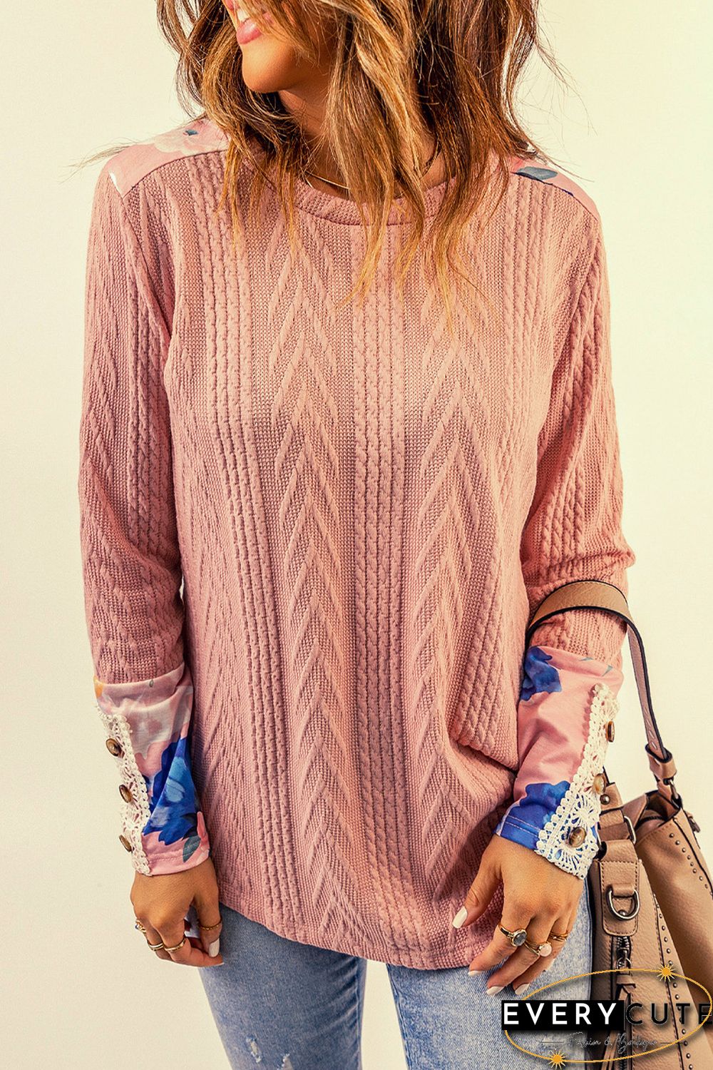 Pink Floral Lace Patchwork Knitted Long Sleeve Top