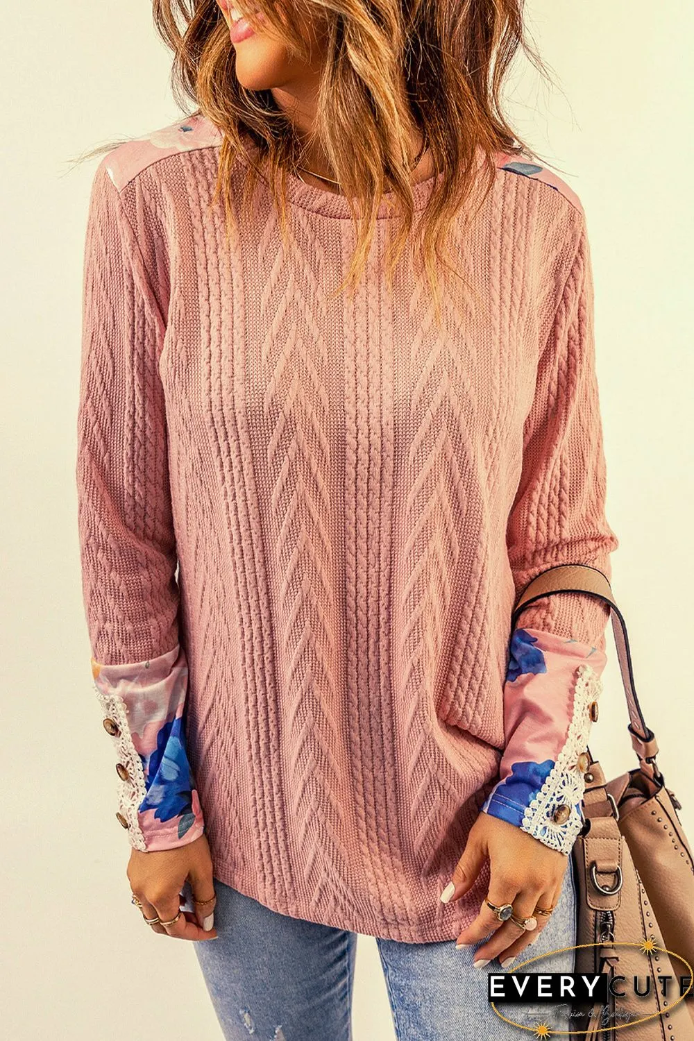Pink Floral Lace Patchwork Knitted Long Sleeve Top