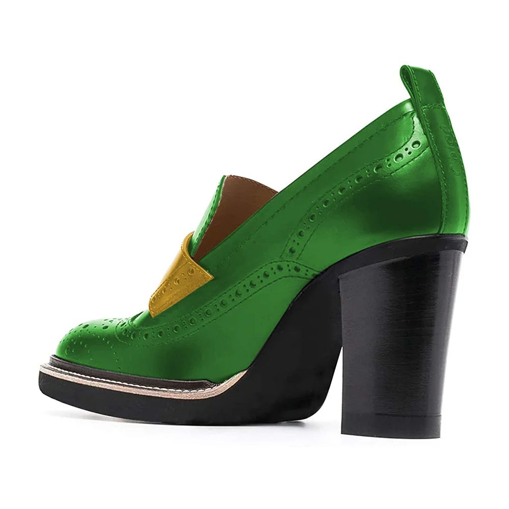 Chic Green Vegan Leather Brogue Style Chunky Heeled Loafers