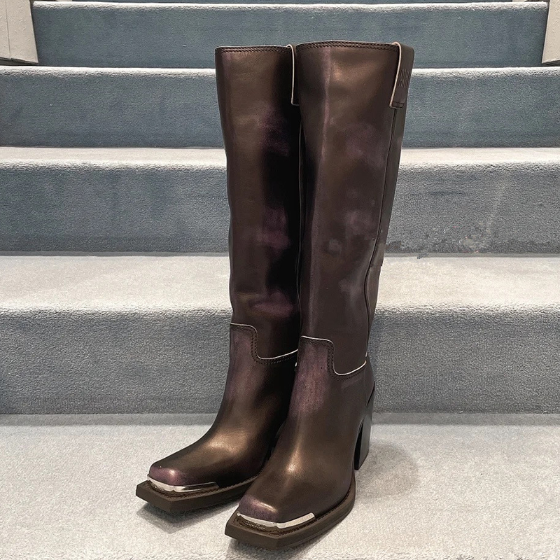 TAAFO Retro Wedge Chunky Heels Long Booties Square Metal Toe Knight Shoes Women Western Style Knee High Boots