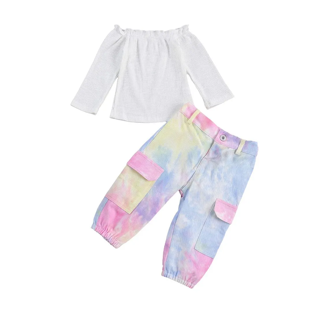 2 Pcs Baby Girl's Casual Suit, Solid Boat Neck Long Sleeve Ribbing Elastic Top Leopard Camouflage Tie Dye Loose Trousers Pocket