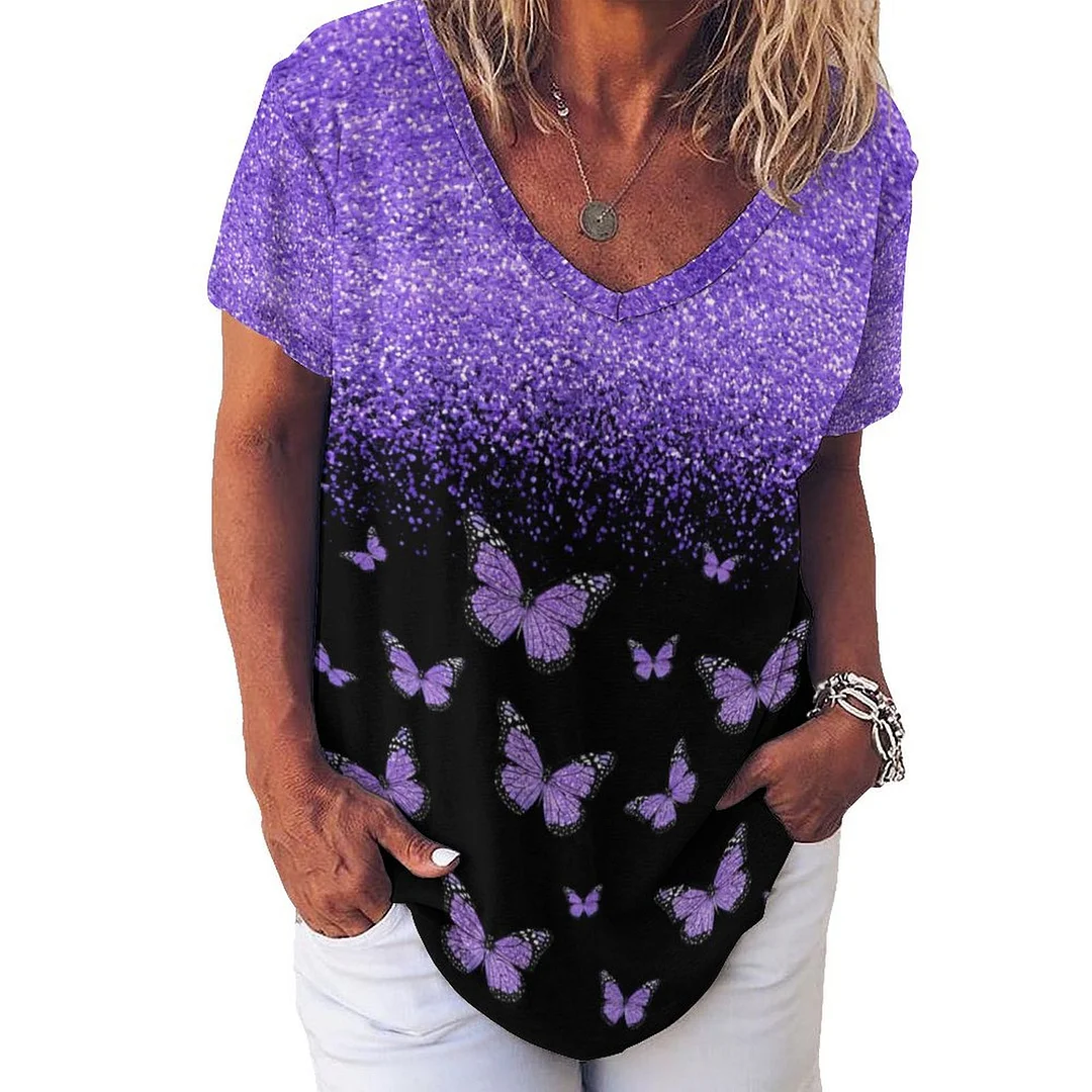 V-neck Short Sleeve Casual T-shirt for  Women Printed with Pattern Butterfly, Purple, Black, Glitter