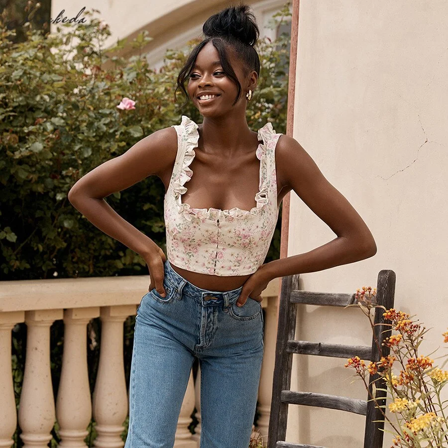Macheda Summer Flower print Vest Women Fashion Sleeveless Strapless Ruffles Crop Tops Ladies Street Casual Tanks Camisole 2020