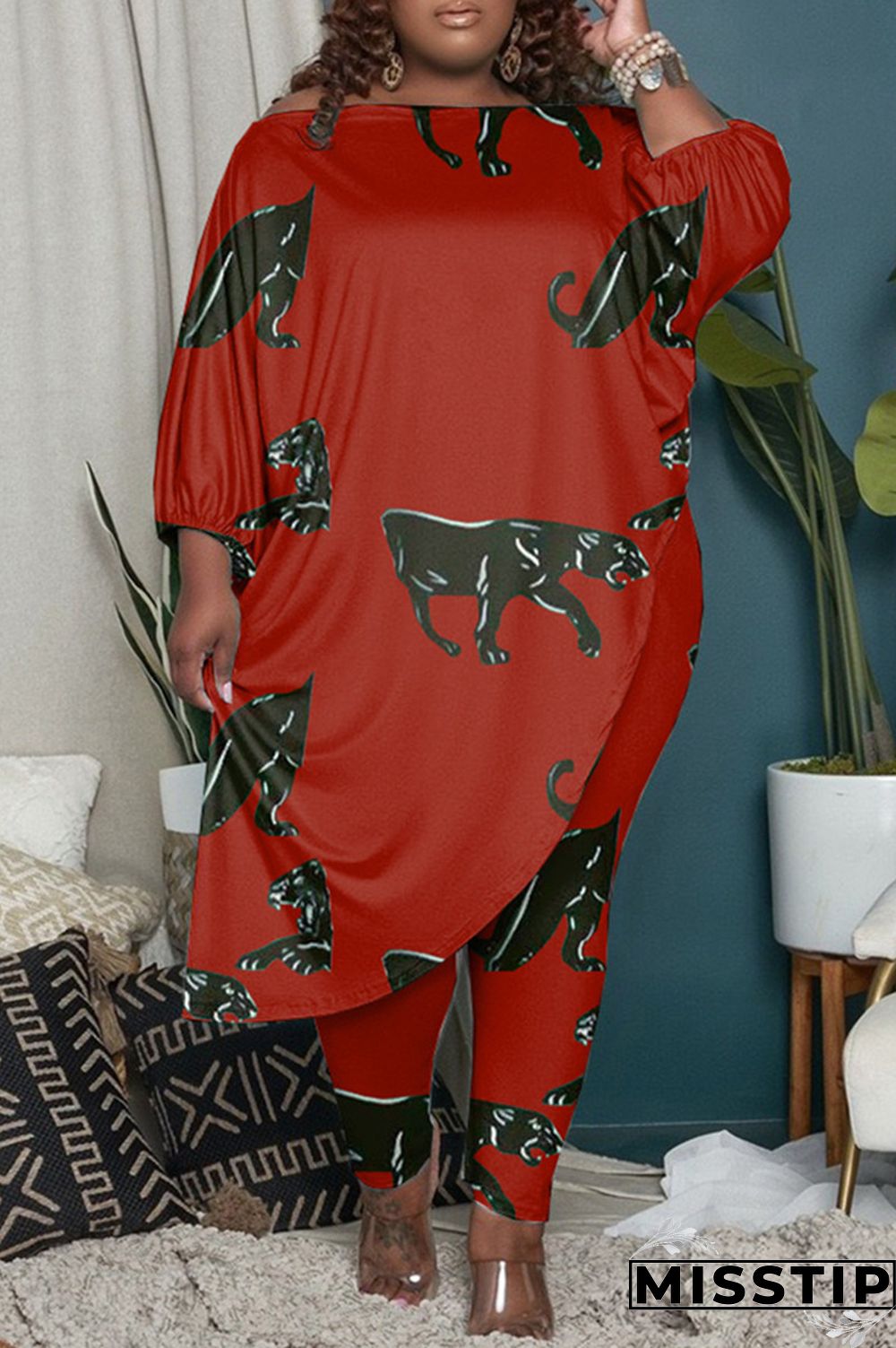 Orange Fashion Casual Print Asymmetrical O Neck Plus Size Two Pieces