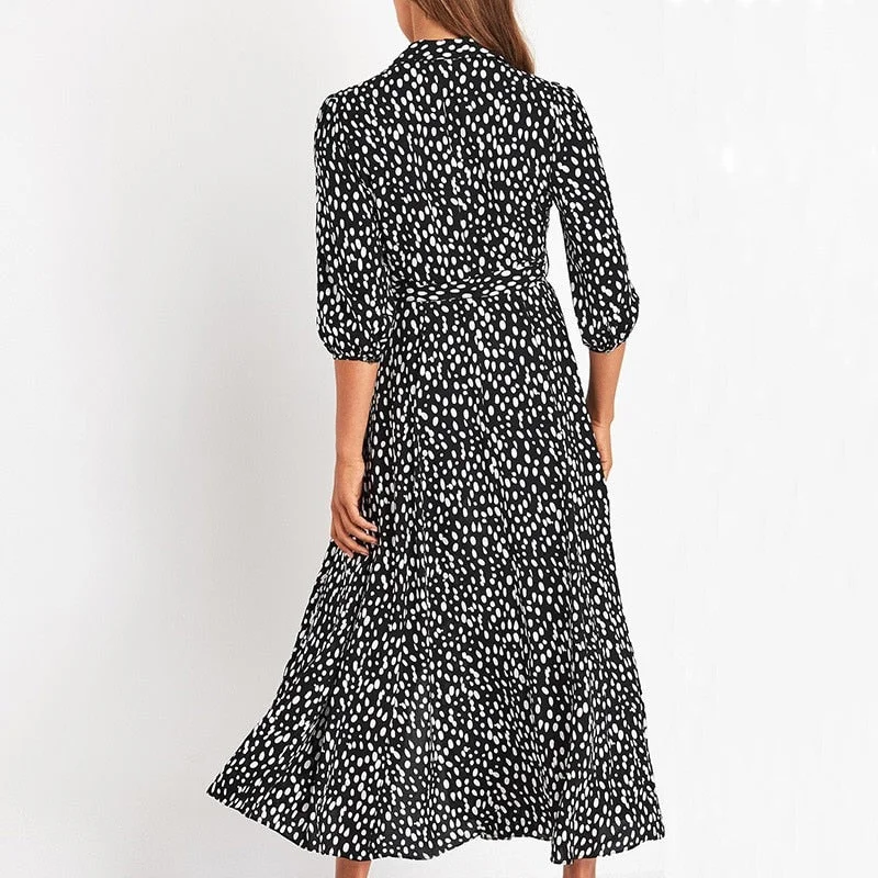 Autumn Polka Dot Chiffon Dress Women Turn-down Collar 3/4 Sleeve Belt  Elegant Ladies Midi Dresses Boho Casual Long Shirt Dress