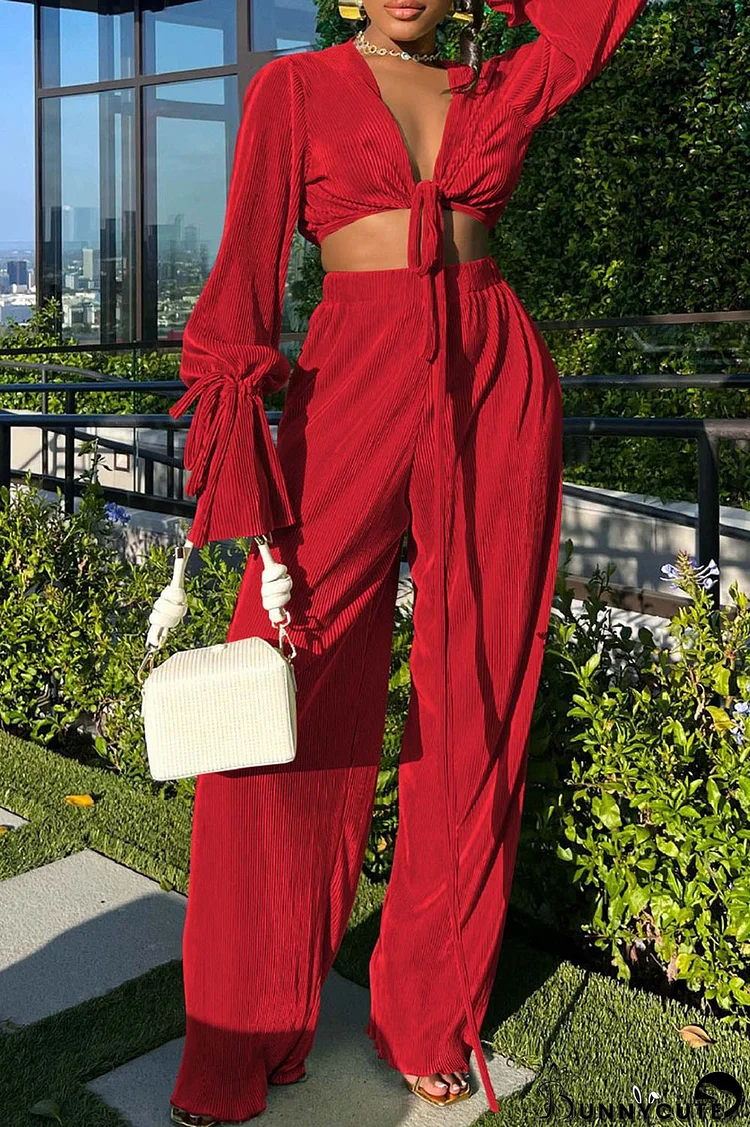 Red Sexy Solid Bandage Patchwork V Neck Long Sleeve Two Pieces