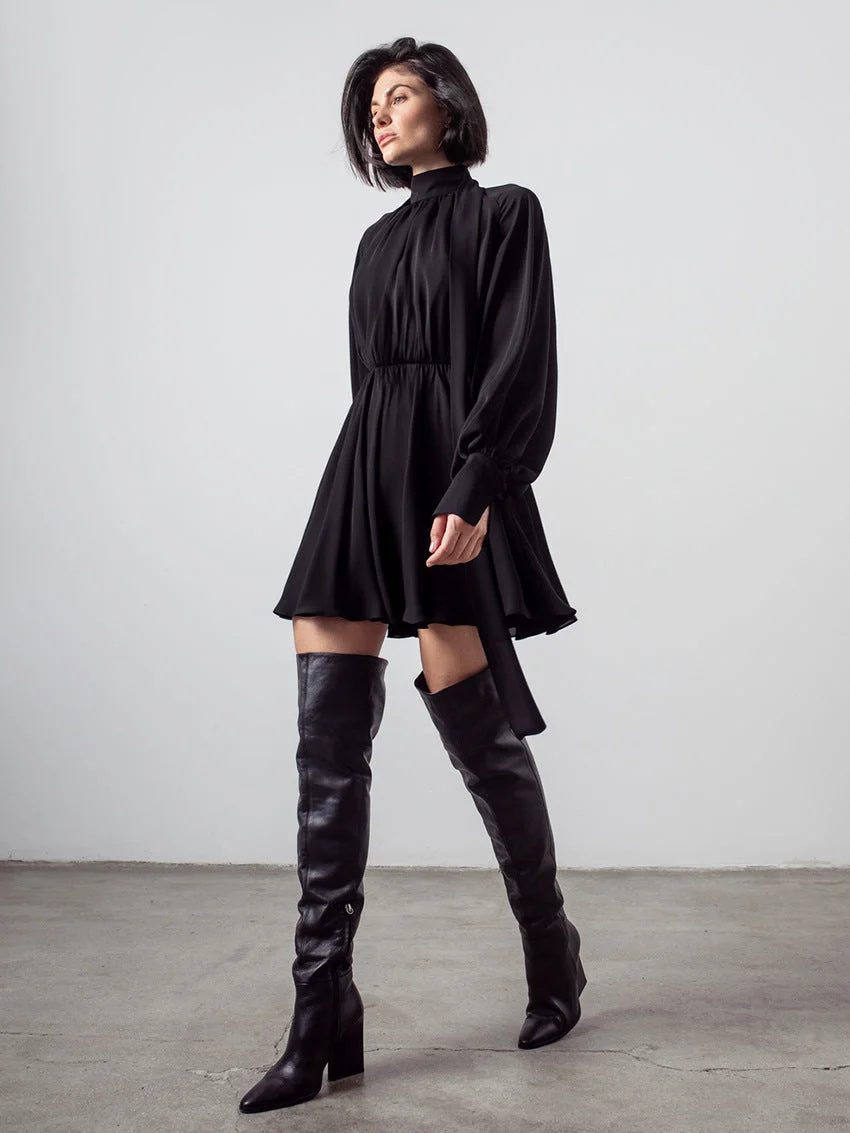 Chiffon High Waist Sexy Dress For Women Elegant Fashion British Style Bow Knot Lace Up Regular A-LINE Office Lady Dresses Spring