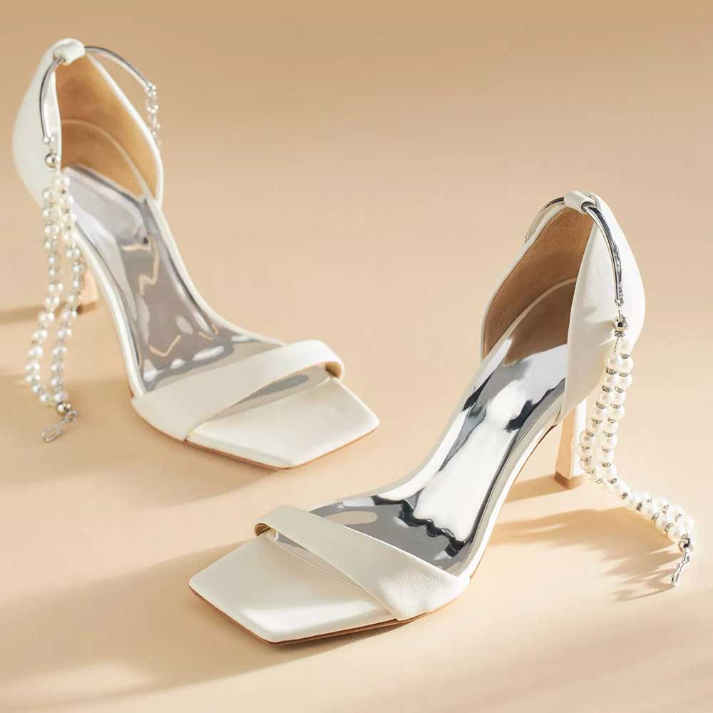 White Vegan Leather Pearl Embellished Ankle Strappy High Heel Sandals Nicepairs