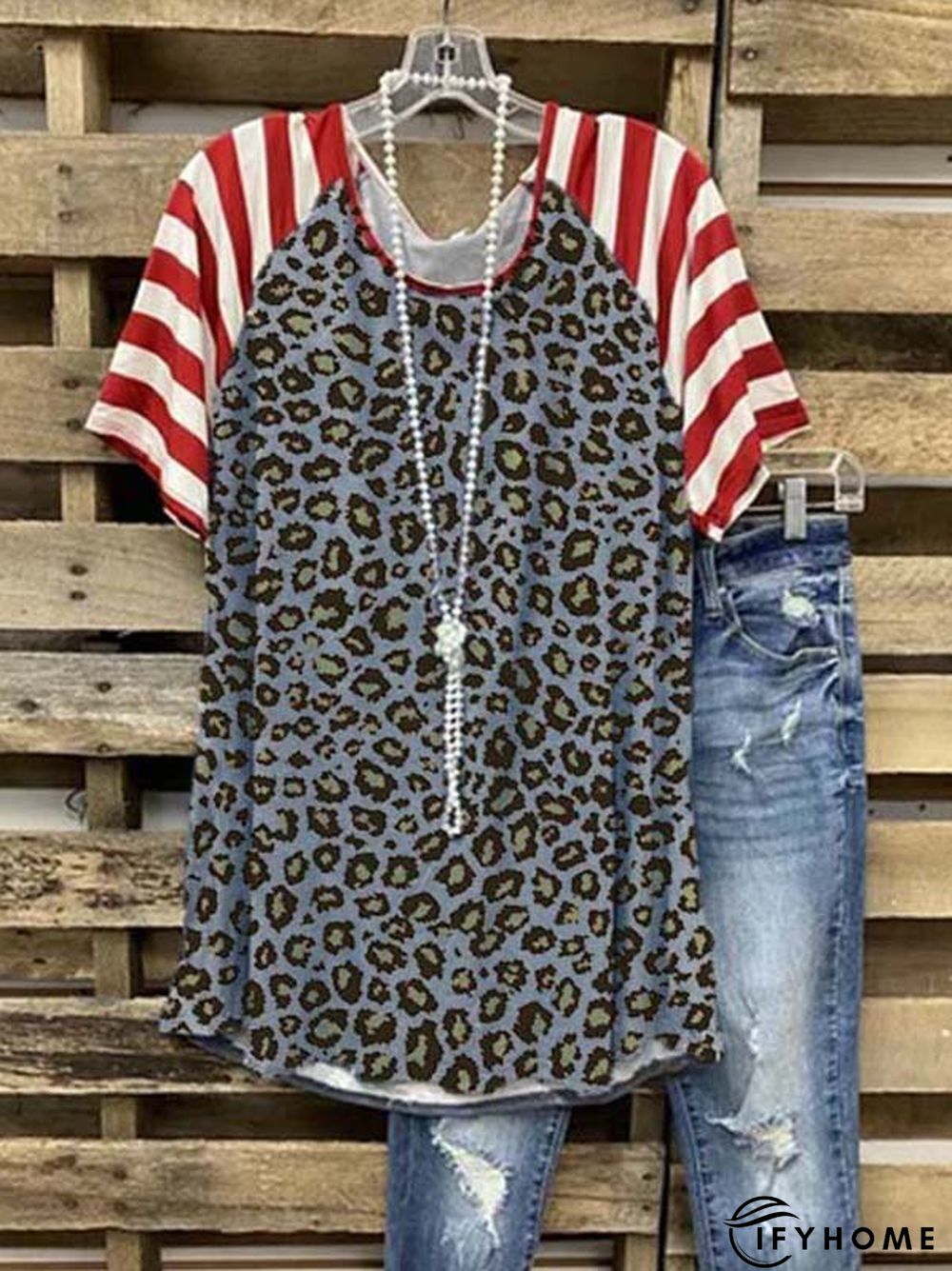 Leopard-Print Short Sleeve Cotton-Blend Casual T-shirt | IFYHOME